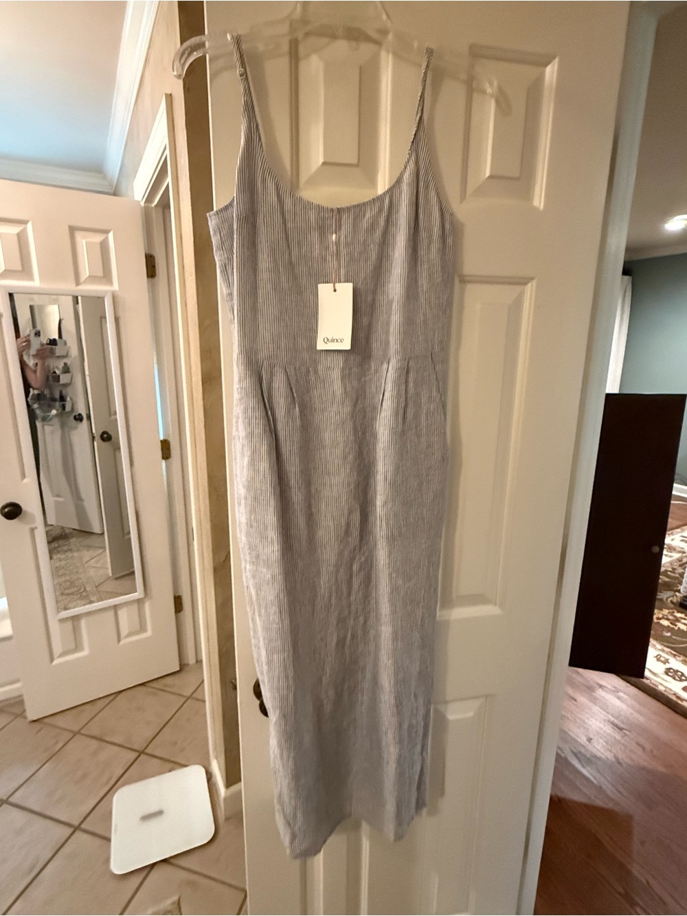 Quince Light Blue & White Striped Sleeveless Linen Midi Dress